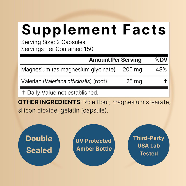 Pure Magnesium Glycinate for Sleep, 200mg with Valerian Root, 300 Capsules | 100% Chelated & Purified Mineral Supplement  Ultra High Absorption  No