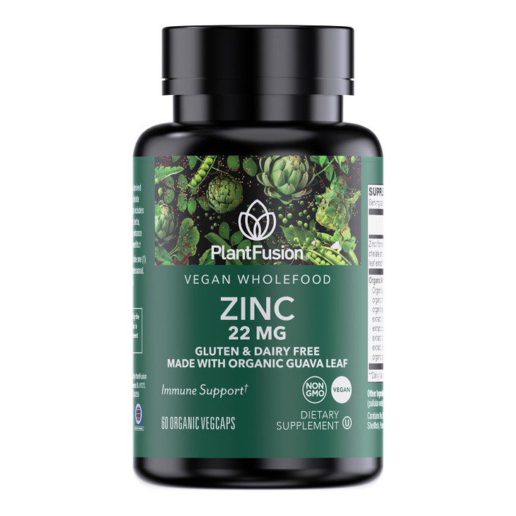 PlantFusion Vegan Zinc Supplements 22 mg  Wholefood Complex, Chelated Zinc Citrate from Organic Guava Leaf for Immune Support, 60 Capsules