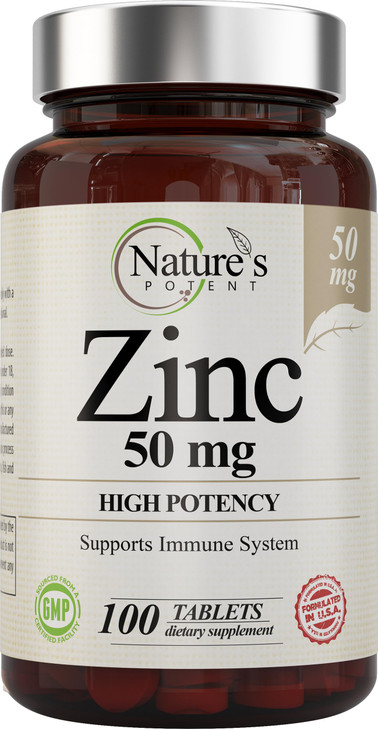 Zinc 50mg [High Potency] Supplement - Immune Support System from Natural Zinc (Oxide/Citrate) 100 Tablets, Made by Natures Potent.