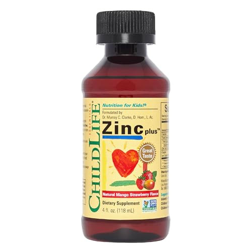 CHILDLIFE ESSENTIALS Liquid Zinc Plus for Kids & Toddler - Liquid Supplement Drops, Zinc Gluconate & Copper for Immune Support - Mango Strawberry, 4
