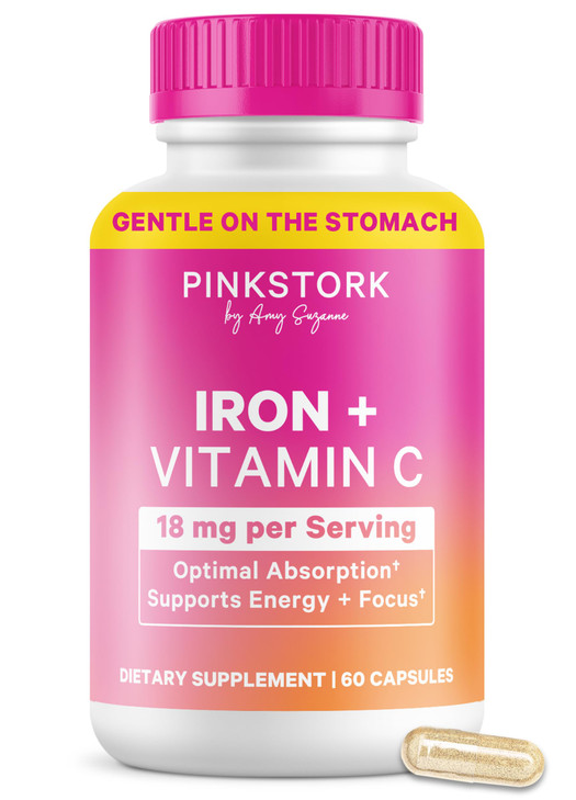 Pink Stork Iron for Women  18 mg Non-Constipating Iron Bisglycinate + Vitamin C for Optimal Absorption  Energy, Focus, & Oxygen Supply  PMS, Pregn