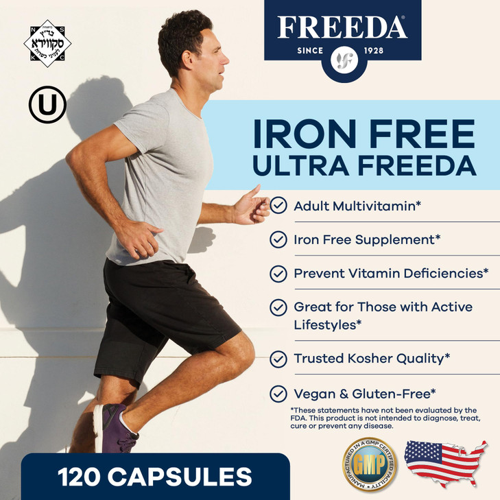 Freeda Maximum Strength Multivitamin  High Potency Daily Supplement for Active Adults (Men & Women)  Iron Free  SCD Diet Compatible  120 Capsules