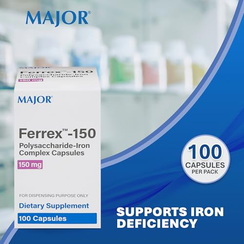 MAJOR Ferrex-150 Polysaccharide-Iron Complex Capsules 150mg Iron Supplement for Women and Men  Gentle on Stomach  100 Capsules (1 Pack)