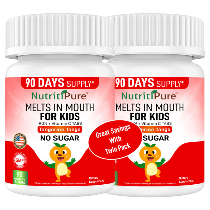 NutritiPure Chewable Iron Supplements for Kids (Ferronyl®/Carbonyl Iron 9 mg with Vitamin C 30 mg) Tablet in Tangerine Tango Orange Flavor Kids Suppl