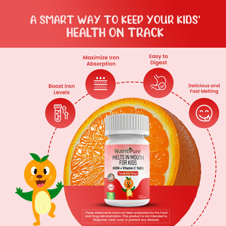 NutritiPure Chewable Iron Supplements for Kids (Ferronyl®/Carbonyl Iron 9 mg with Vitamin C 30 mg) Tablet in Tangerine Tango Orange Flavor Kids Suppl