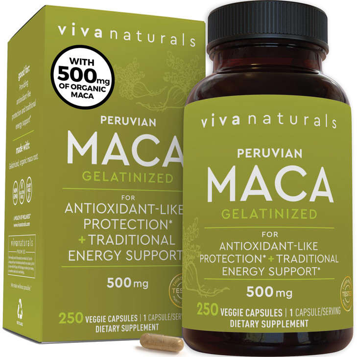 Viva Naturals Peruvian Maca Root Supplement for Women & Men, 500mg - Traditionally Used for Energy, Stamina & Endurance - 250 Yellow Maca Root Powder