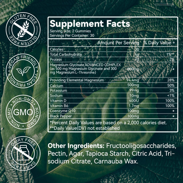 Magnesium Glycinate Gummies 500mg with L-Threonate 300mg - Sugar-Free Magnesium Potassium Supplement with Vitamin D, B6, CoQ10 - Strawberry Flavored