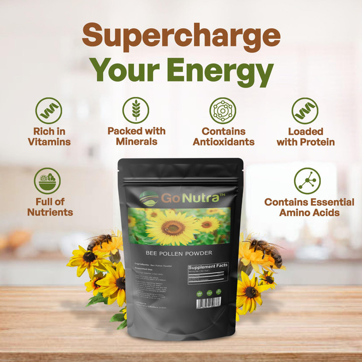 Go Nutra - Bee Pollen Powder, Pure Bee Pollen Powder, Bee Pollen Supplement for Humans, Dogs, Bearded Dragon, and More, Non-GMO, Gluten-Free, Vegan,