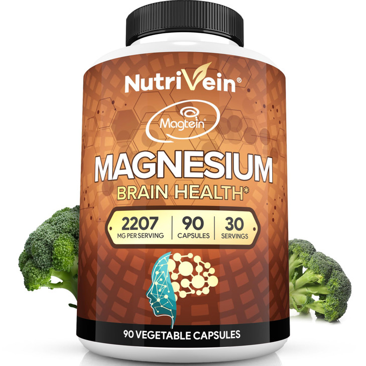 Nutrivein Premium Magtein Magnesium L-Threonate Supplement 2207 mg - 90 Caps (3 a Day): High-Absorption Magnesium Threonate for Brain, Sleep, Mood &