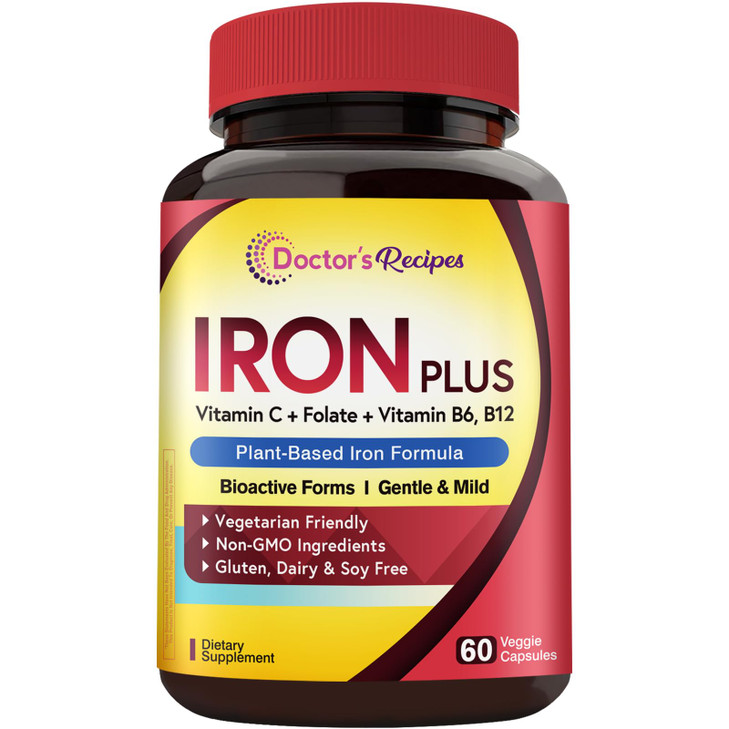 Doctor's Recipes Iron Supplement, Iron Bisglycinate with Vitamin C, B6, Folate & B12, Non-Constipating, Stomach Friendly, Gentle Iron Pills, 60 Vegan