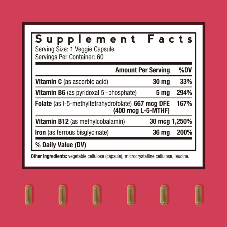 Doctor's Recipes Iron Supplement, Iron Bisglycinate with Vitamin C, B6, Folate & B12, Non-Constipating, Stomach Friendly, Gentle Iron Pills, 60 Vegan
