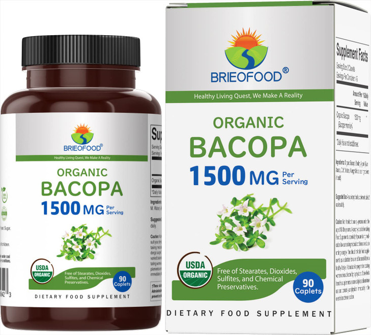 Brieofood Organic Bacopa 1500mg, 45 Servings, Vegetarian, Gluten Free, 90 Vegetarian Tablets
