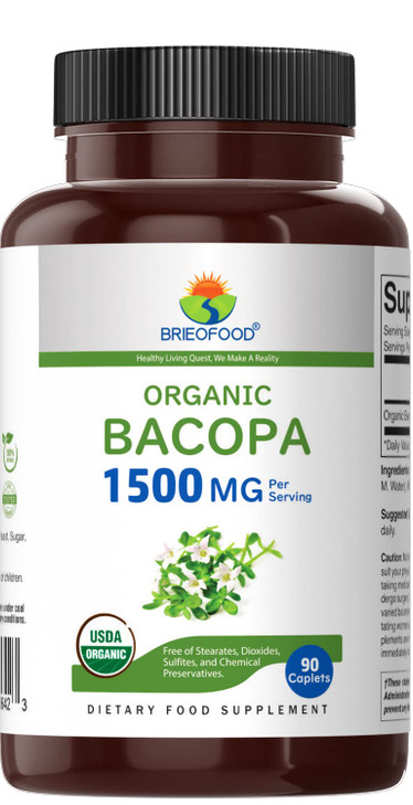 Brieofood Organic Bacopa 1500mg, 45 Servings, Vegetarian, Gluten Free, 90 Vegetarian Tablets