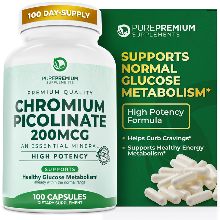 PurePremium Chromium Picolinate 200mcg - High Potency Chromium Supplements - Essential Mineral Health Support for Men/Women - Gluten-Free - 3 Months