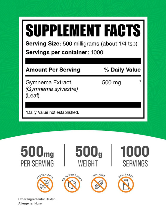 BulkSupplements.com Gymnema Extract Powder - from Gymnema Leaf, Gymnema Sylvestre Extract - Gymnema Powder, Herbal, Gluten Free - 500mg per Serving,