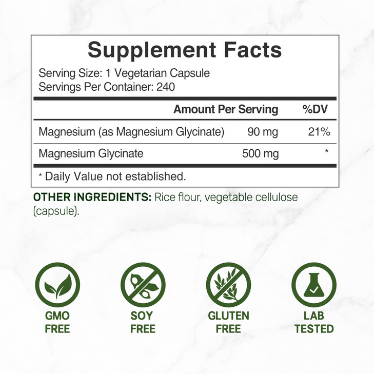 Deal Supplement Magnesium Glycinate 500mg, 240 Veggie Capsules | 100% Chelated for Easy Absorption | Essential Mineral Supplement | Non-GMO, Gluten-F