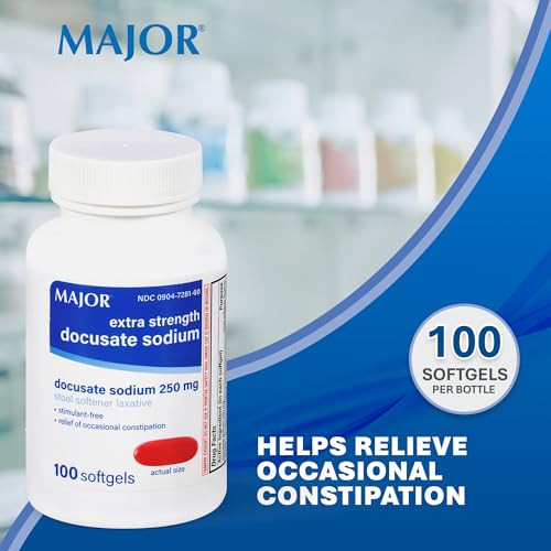 MAJOR Docusate Sodium 250 mg, Extra Strength Stool Softener Laxative for Occasional Constipation Relief  Stimulant?Free, 100 Softgels (4 Pack)