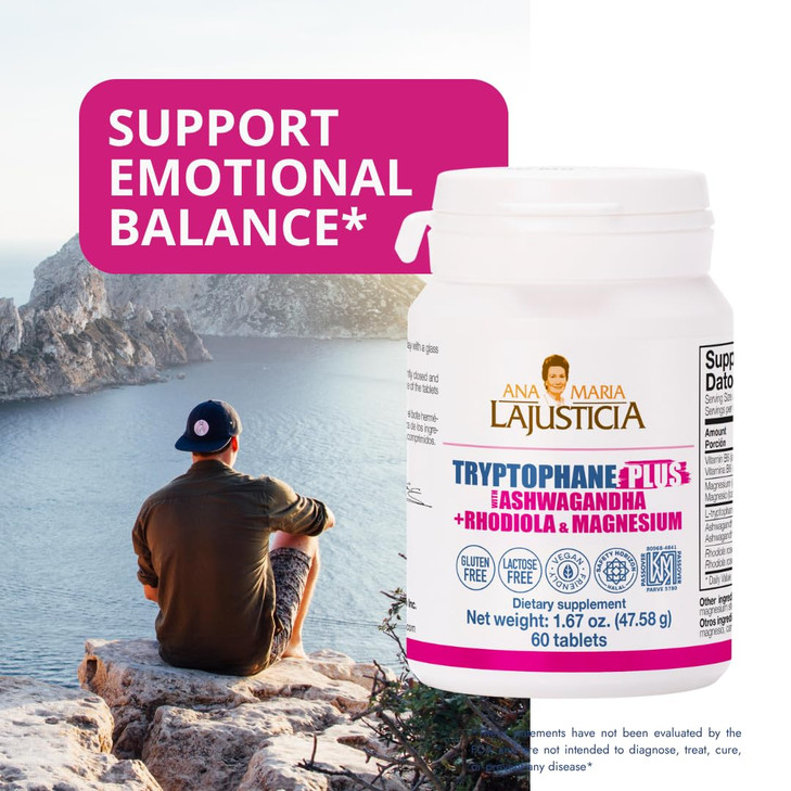 Ana María Lajusticia TRYPTOPHANE Plus ASHWAGANDHA Supplement + RHODIOLA & Magnesium 60 TABS, Vegan, Gluten Free, Kosher, Halal, Lactose Free, 600 mg,