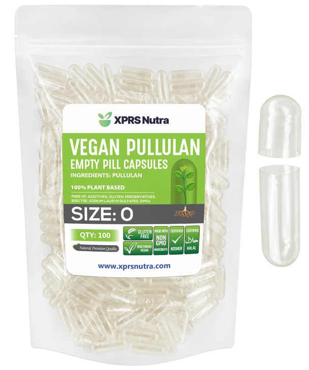 XPRS Nutra Size 0 Pullulan Empty Capsules - 100 Count Clean Label Plant Clear Empty Vegan Capsules - Premium Vegetarian Pills - Do-It-Yourself Vegeta