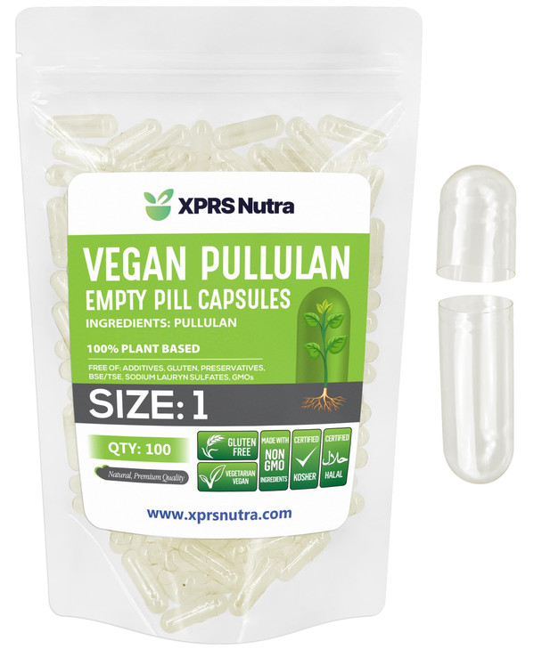XPRS Nutra Size 1 Pullulan Empty Capsules - 100 Count Clean Label Plant Clear Empty Vegan Capsules - Premium Vegetarian Pills - Do-It-Yourself Vegeta