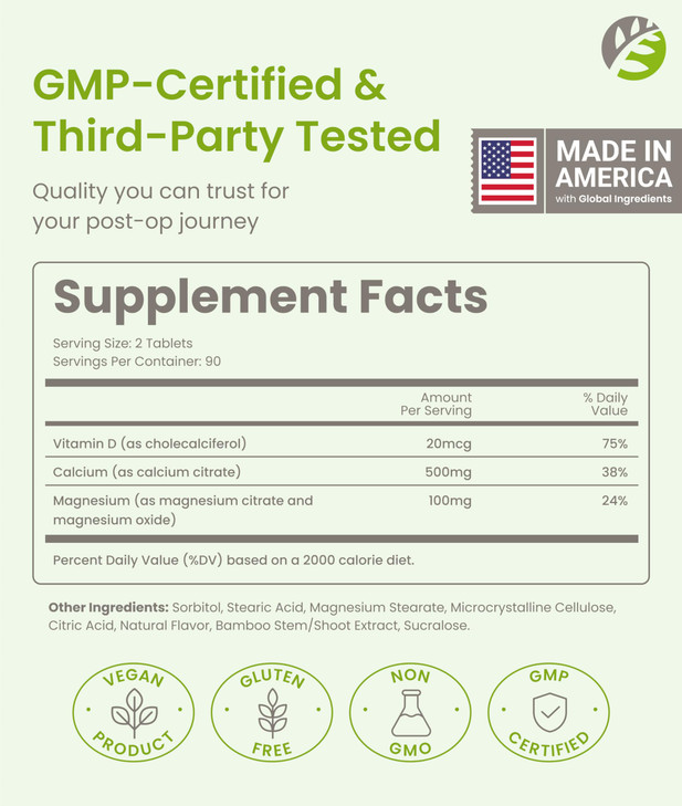 BariSlim Bariatric Calcium Citrate with Magnesium & Vitamin D Tabs - 500mg Calcium Citrate - Formulated for Post Weight Loss Surgery - Supports Bone