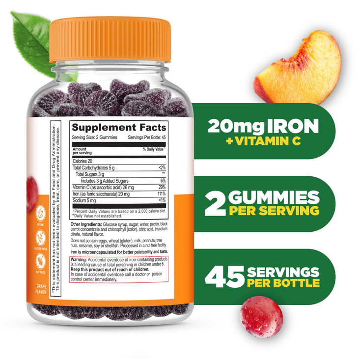 Lifeable Iron Gummies | 20mg | with Vitamin C | Great Tasting Blood Builder Iron Supplement | Iron with Vitamin C for Iron Deficiency | Iron Gummies