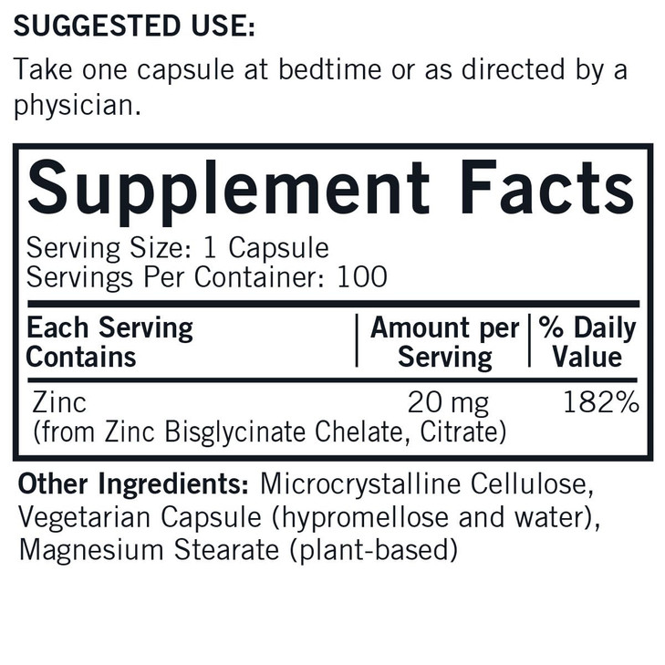 Zinc 20 mg Bio - Max Series - Hypoallergenic , 100 capsules