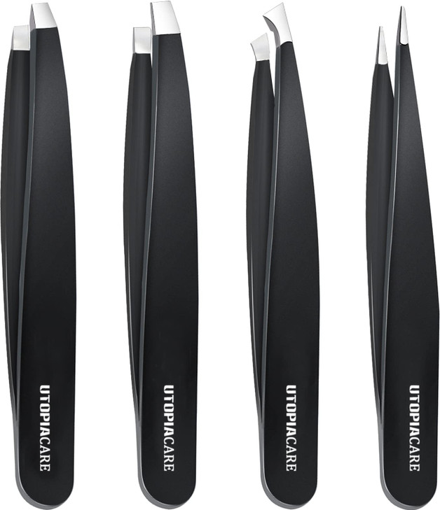 Utopia Care - Professional Stainless Steel Tweezers Set (4-Piece)  Precision Tweezers for Ingrown Hair, Facial Hair, Splinter, Blackhead and Tick Re
