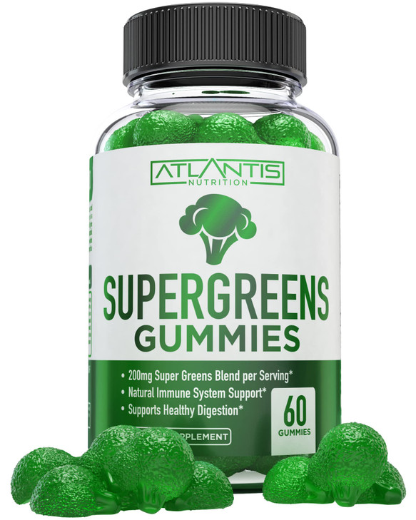 Atlantis Nutrition Supergreens Gummies - Daily Green Superfoods Supplement with Spinach, Broccoli, Moringa, Beet Root, Celery, Green Tea, & Acai for