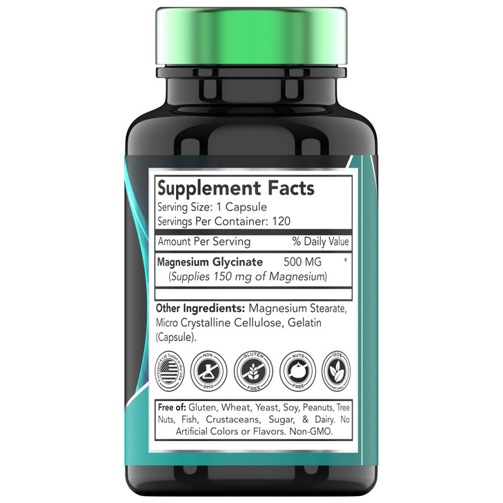 Magnesium Glycinate 500mg Per Capsule - 120 Count | 4 Month Supply! | Pure Chelated Magnesium Supplement for Sleep, Calm, Nerve, Joint, & Bone Suppor
