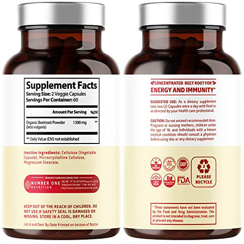 N1N Premium Organic Beet Root Capsules 1300mg 120 Veg Caps [Non-GMO & Gluten Free] All Natural Beet Root Powder for Energy Support