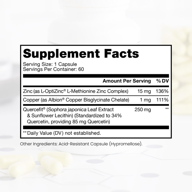 Zinc Defense | Zinc + Copper + Quercetin | 60 Servings in Vegan Capsules | L-OptiZinc & Quercefit Ionophore | Chelated Minerals | Immune, Gut, & Horm
