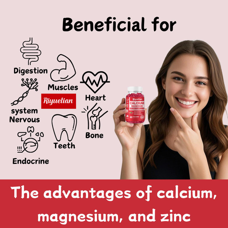 Riyuetian Calcium Gummies + Magnesium & Zinc with Vitamin D3 & K2, High Absorption Calcium Supplement for Bone, Teeth & Immune Support, Non GMO, Vega