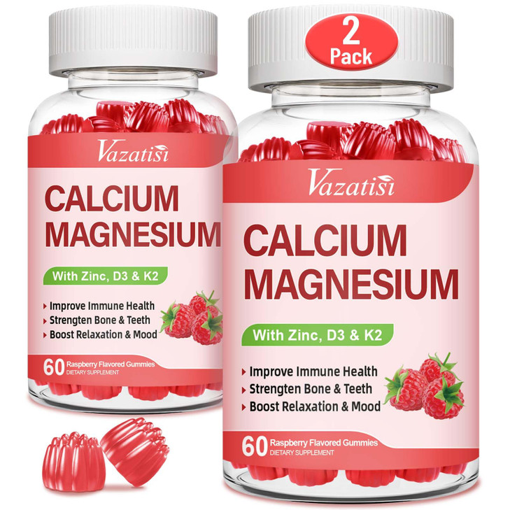 Calcium Magnesium Zinc Gummies with Vitamin D3 & K2, High Absorption Magnesium Glycinate Potassium for Immune and Calm Mood, Raspberry Flavor 120 Gum