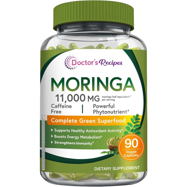 Doctor's Recipes Moringa 11,000 mg Strength, Complete Green Superfood, Natural Antioxidant Support, Non-GMO, 90 Vegan Caps, No Caffeine Soy Gluten