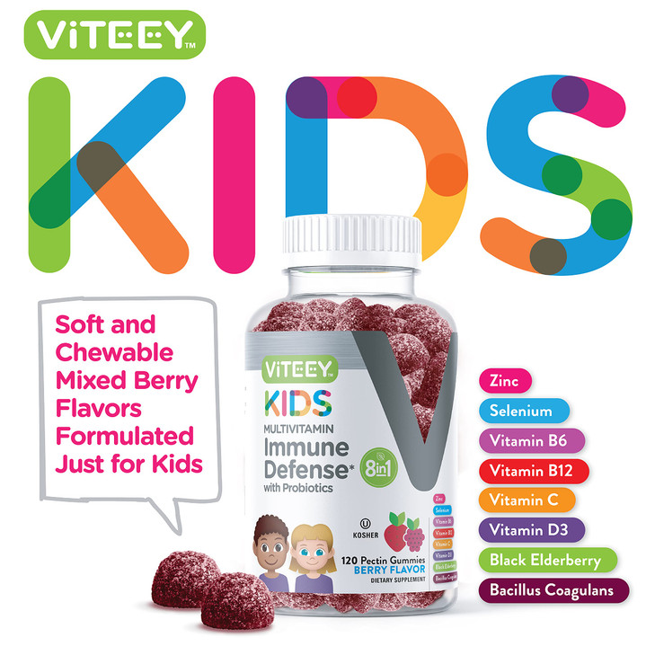 Viteey Kids Multivitamin Gummies with Probiotics - 8-1 Kids Vitamins for Immune Health Support with Vitamin C, D3, B12, B6, Zinc, Elderberry, Seleniu