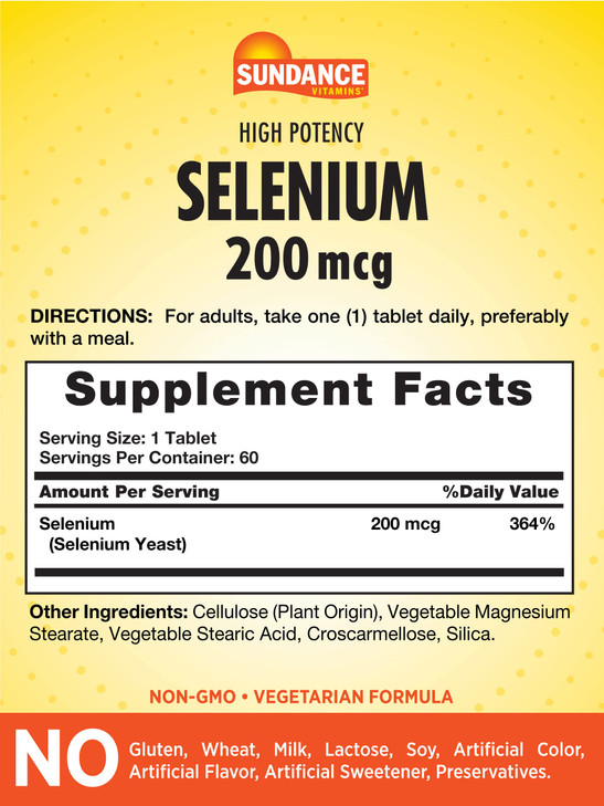 Sundance Selenium 200mcg | 60 Tablets | High Potency Formula | Vegetarian, Non-GMO, and Gluten Free Essential Mineral Supplement