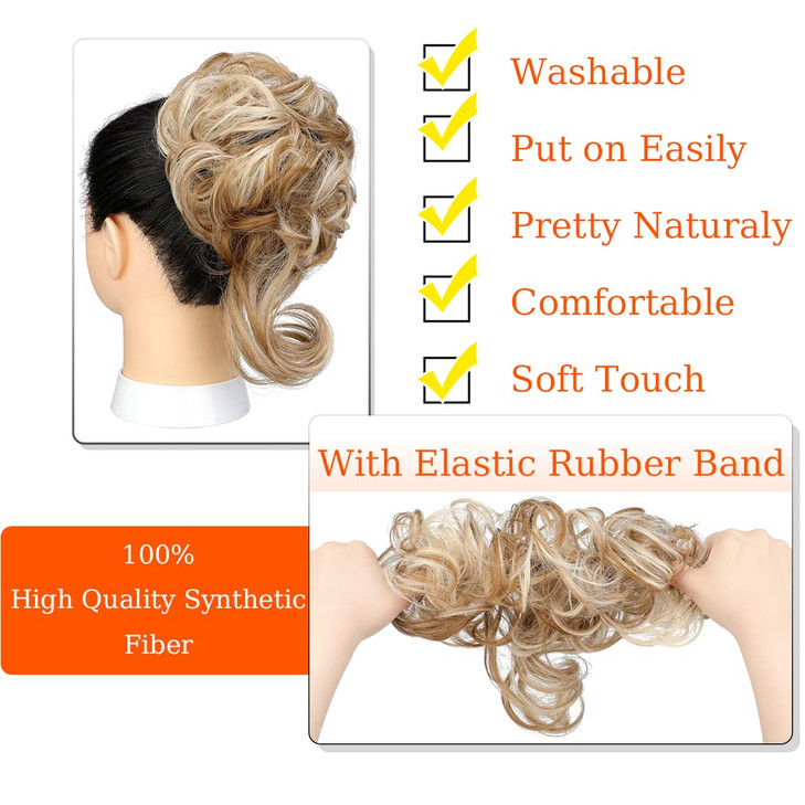 Qunlinta Long Wavy Tousled Updo Hair Bun Extensions Wavy Hair Wrap Ponytail Hairpieces Synthetic Fiber Wig - Ginger Brown Mix Bleach Blonde