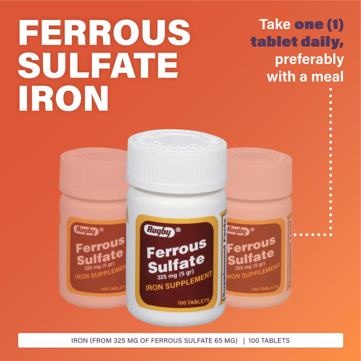 Rugby Ferrous Sulfate 325mg Tablets - Iron Supplement for Women and Men - 100 Count (3 Pack)