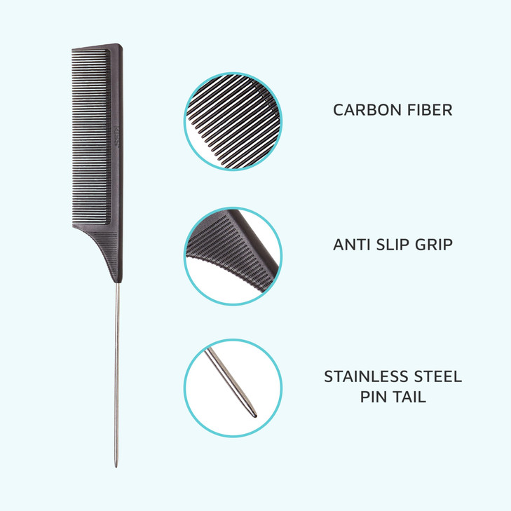 KISS Colors & Care Carbon Fiber Pin Tail Comb For Combing, Detangling, Teasing, Styling, Hair Parting - Anti Static & Heat Resistant For All Hair Typ