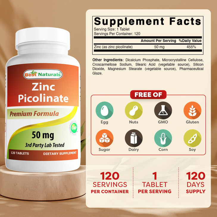 Best Naturals Zinc 50mg Supplements (as Zinc Picolinate) - Vitamins for Adults Immune Support - 120 Tablets (120 Count (Pack of 2))