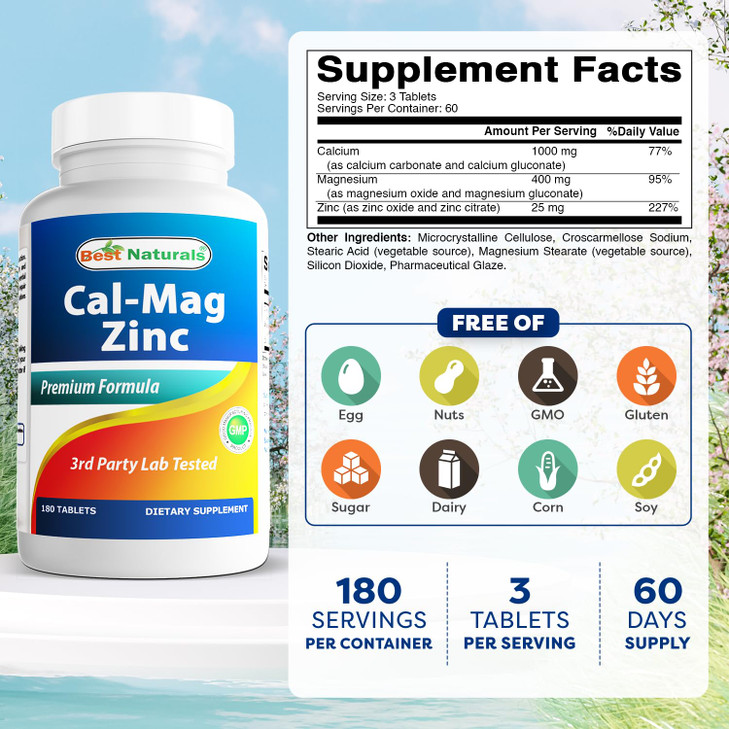 2 Packs - Best Naturals Calcium Magnesium Zinc - 180 Tablets - Essential Cal Mag Zinc Mineral Complex (Total 360 Tablets)