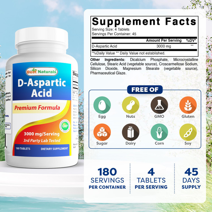 Best Naturals D Aspartic Acid (DAA) 3000mg per Serving - Non-GMO & Gluten Free - 180 Tablets