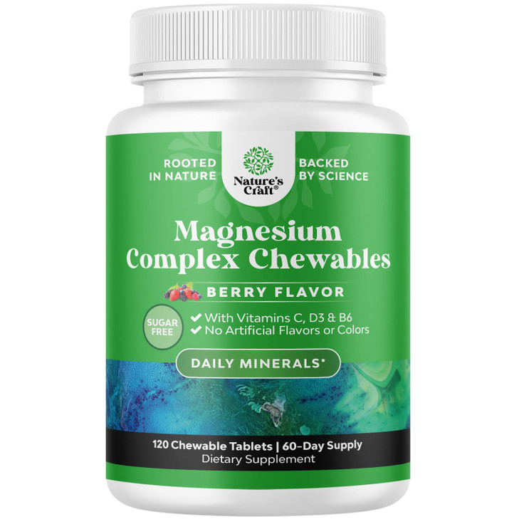Sugar Free Magnesium Glycinate Chewable - Chewable Magnesium for Adults & Kids with Glycinate Taurate & Citrate Complex Plus Vitamins D3 B6 & C - Veg