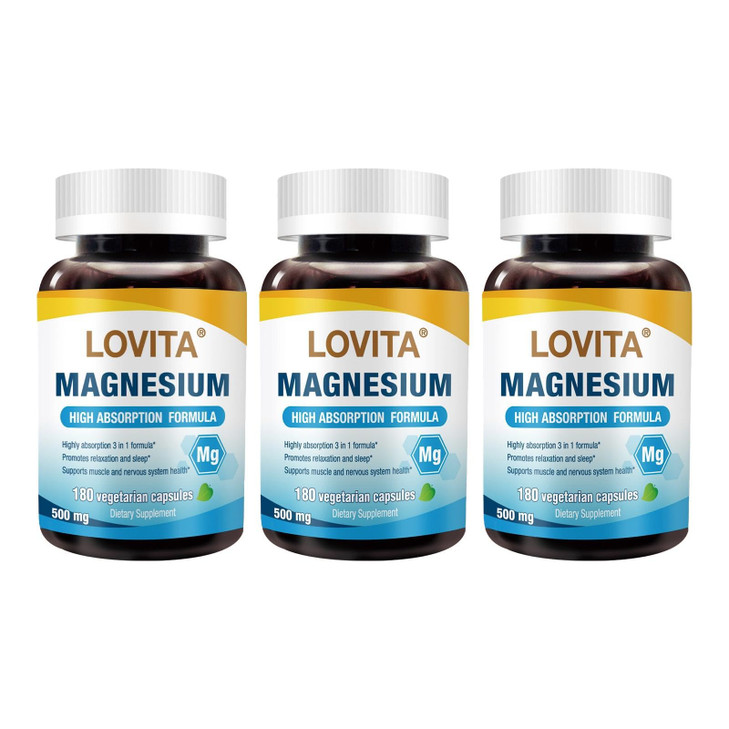Lovita Triple Magnesium Complex 500mg, High Absorption and Potency Formula, Glycinate, Citrate & Oxide, Support Sleep, Relaxation, Heart, Nerves & Bo