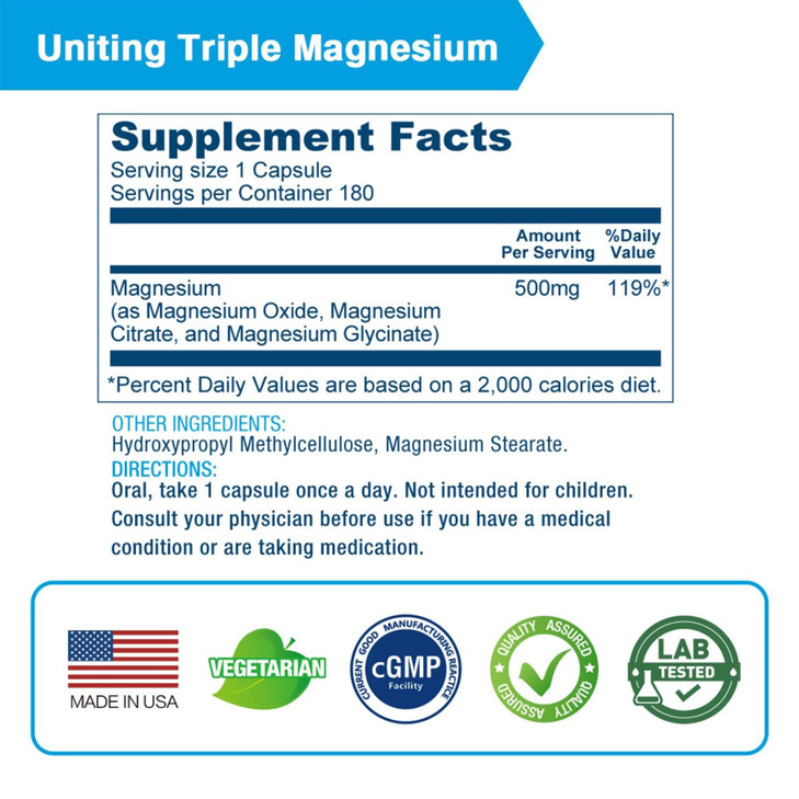 Lovita Triple Magnesium Complex 500mg, High Absorption and Potency Formula, Glycinate, Citrate & Oxide, Support Sleep, Relaxation, Heart, Nerves & Bo