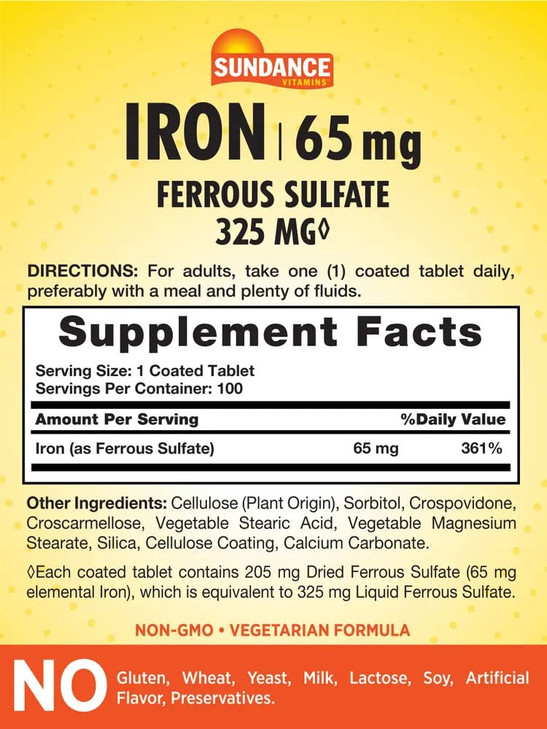Sundance Iron Supplement Ferrous Sulfate 325mg | 100 Tablets | Vegetarian, Non-GMO, and Gluten Free