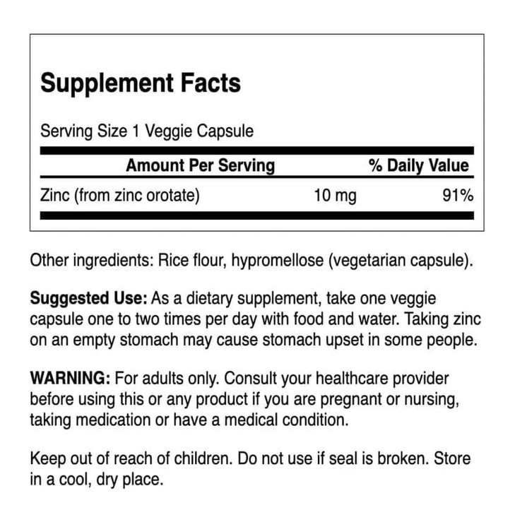Swanson Zinc Orotate 10 Milligrams Elemental Zinc 60 Veg Capsules