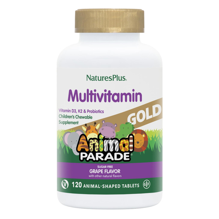 NaturesPlus Animal Parade Gold Children's Multivitamin, Grape Flavor - 120 Chewable Animal Shaped Tablets, Pack of 2 - Vegan, Gluten Free - 120 Servi