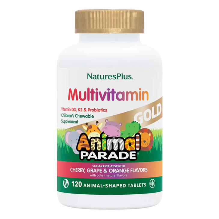 NaturesPlus Animal Parade Gold Children's Multivitamin - Assorted Cherry, Orange & Grape Flavors - 120 Animal-Shaped Chewable Tablets, Pack of 2 - Ve